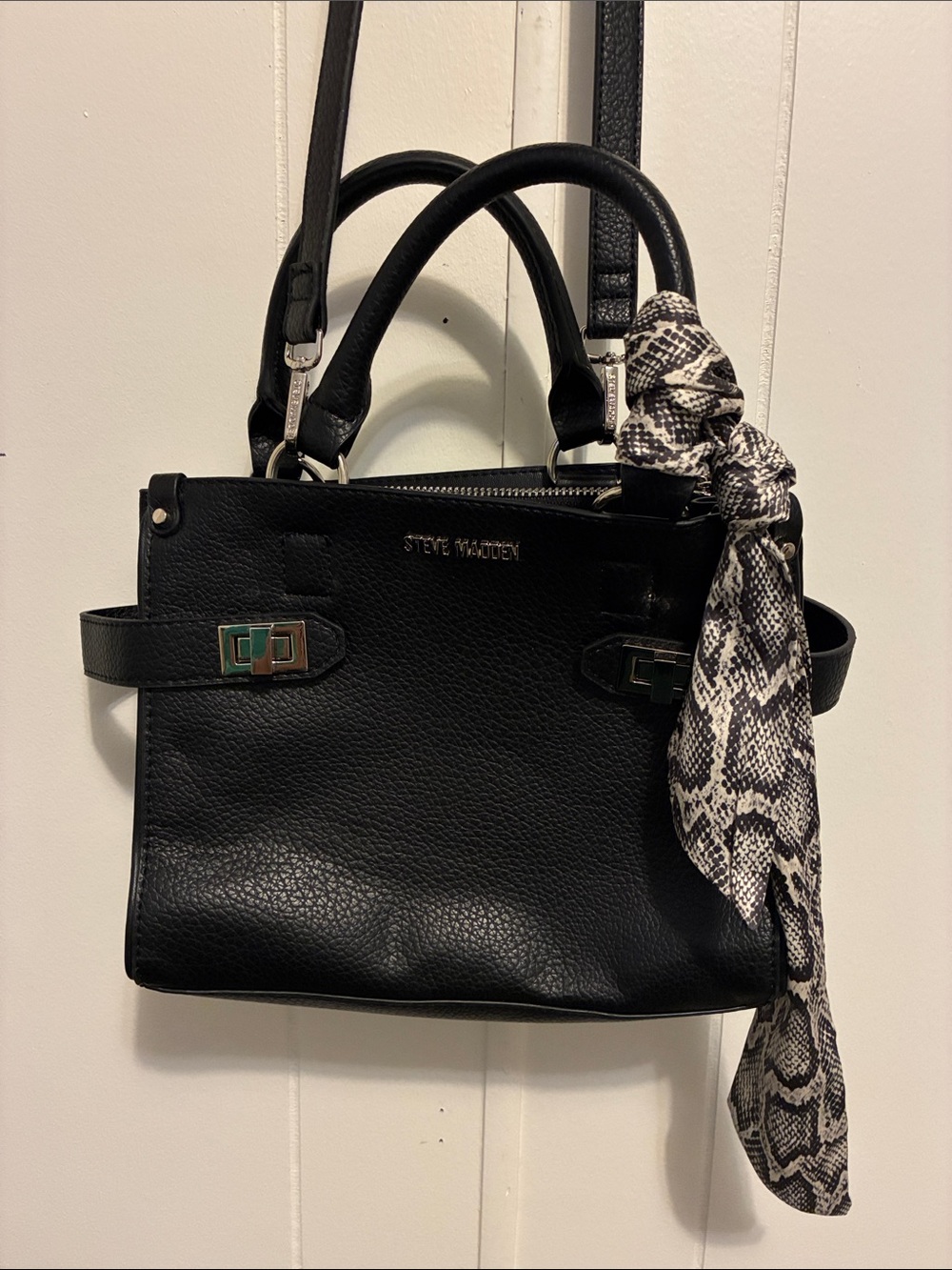 Steve Madden Black Pebbled Leather Satchel with Snake-Print Scarf Accent